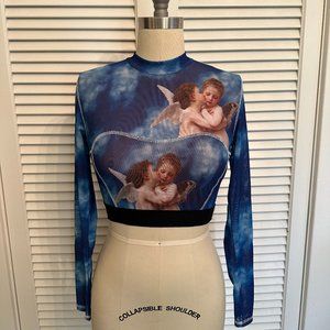ADIKA LONG SLEEVE MESH CROP TOP OR SWIM TOP. CLOUDS AND CHERUBS MOTIF. SZ SMALL.